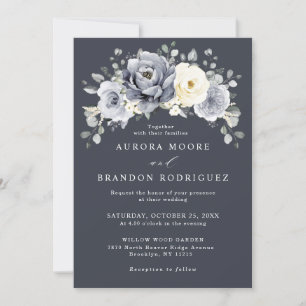 Silver Grey Ivory Floral Winter Rustic Wedding IV Kaart
