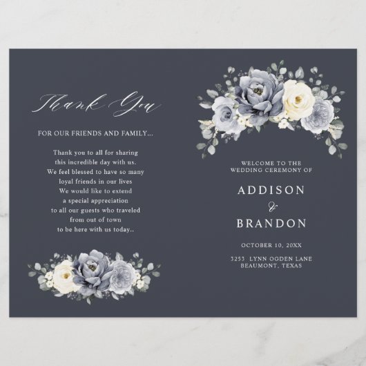 Silver Grey Ivory Floral Winter Wedding Programme (Devant)