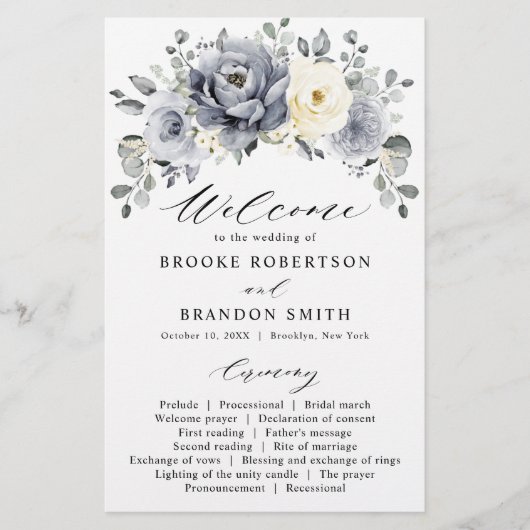 Silver Grey Ivory Floral Winter Wedding Programme (Devant)