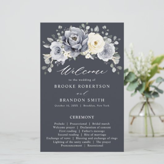 Silver Grey Ivory Floral Winter Wedding Programme (Debout devant)