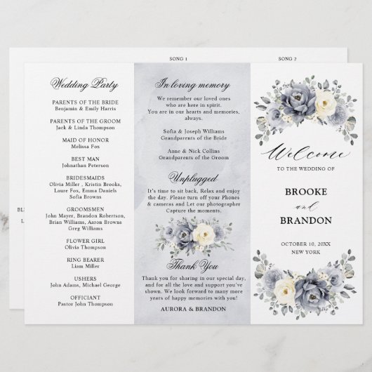 Silver Grey Ivory Winter Wedding Tri-Fold Programm (Voorkant / Achterkant)