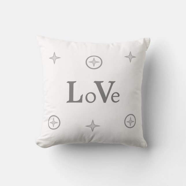 Silver Grey Love Text en Stars on White Throw Pil Kussen (Voorkant)