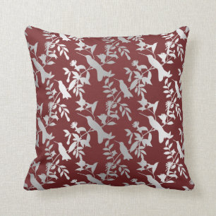 Silver Grey Metallic Floral Humming bird Burgundy Kussen