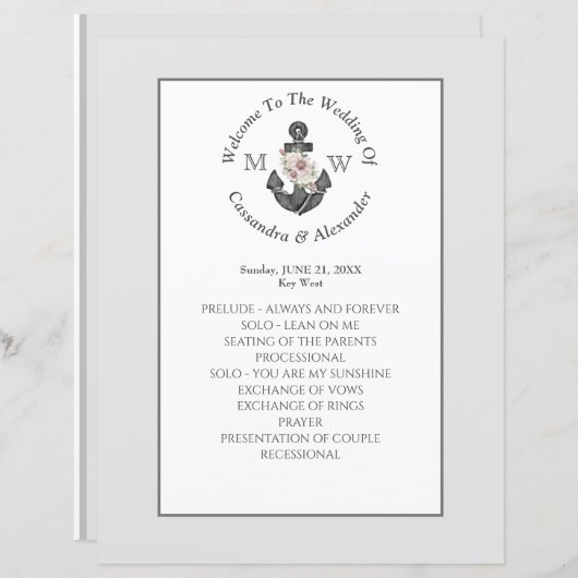 Silver Grey Nautical Floral Ancre Programme de mar (Devant / Derrière)