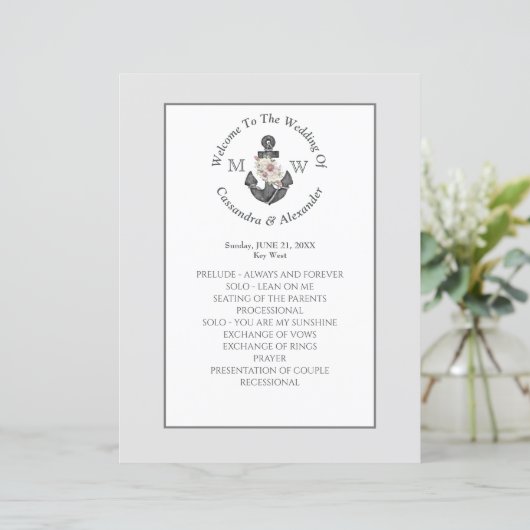 Silver Grey Nautical Floral Ancre Programme de mar (Debout devant)