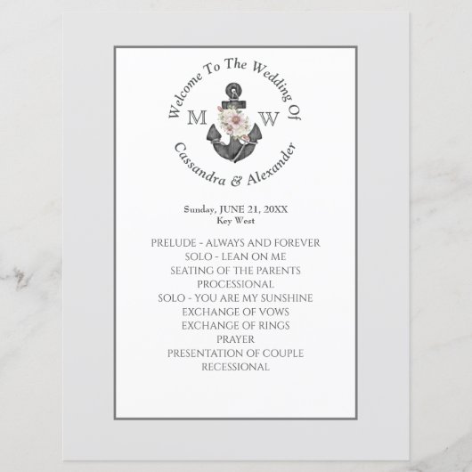 Silver Grey Nautical Floral Ancre Programme de mar (Devant)