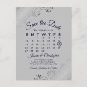 Silver Grey & Navy Wedding Save the Date Calendar Aankondigingskaart (Voorkant)