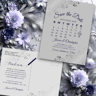 Silver Grey & Navy Wedding Save the Date Calendar Aankondigingskaart
