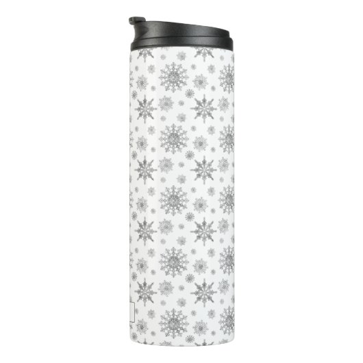Silver Grey Snowflakes Patroon & Aangepaste naam Thermosbeker (Geroteerd rechts)