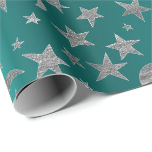 Silver Grey Stars Moon Sky Metallic Greenly Blauwg Cadeaupapier
