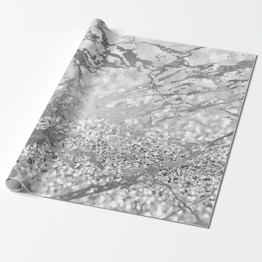 Silver Grey Strokes Glitte Marble Shiny Metal Cadeaupapier (Uitgerold)