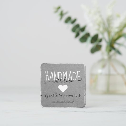 Silver Handgemaakt met Love Etsy Home Crafter Art Vierkante Visitekaartje (Staand voorkant)