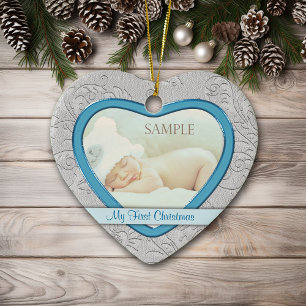 Silver Heart Swirl Baby First Kerstman Keramisch Ornament