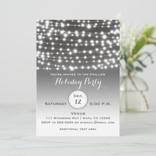 Silver Holiday Christmas String Lights Uitnodiging (Staand voorkant)