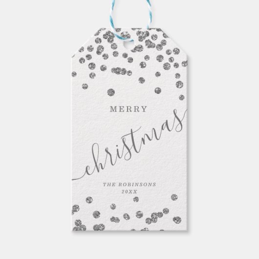 Silver Holiday Kerstmis Glitter Confetti White Cadeaulabel (Voorkant)