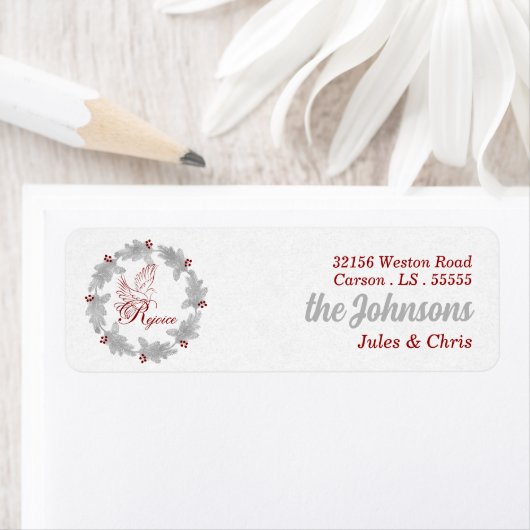 Silver Holiday Wreate met Dove Rejoice Address Etiket (Insitu)
