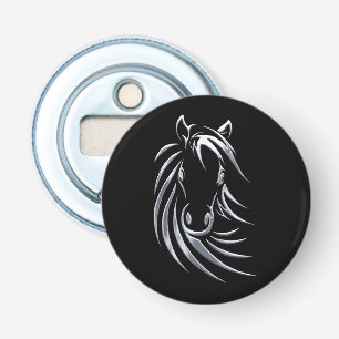 Silver Horse Head op Black Button Flesopener