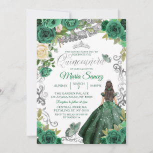 Silver Hunter Green Mexican Floral Quinceañera Kaart