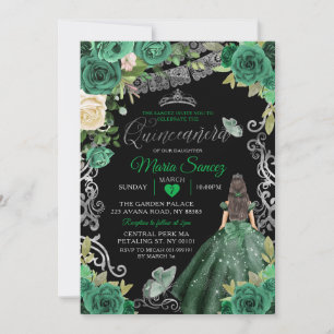 Silver Hunter Green Mexican Floral Quinceañera Kaart