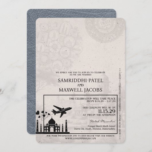 Silver India Passport Wedding Invitation Kaart (Voorkant / Achterkant)