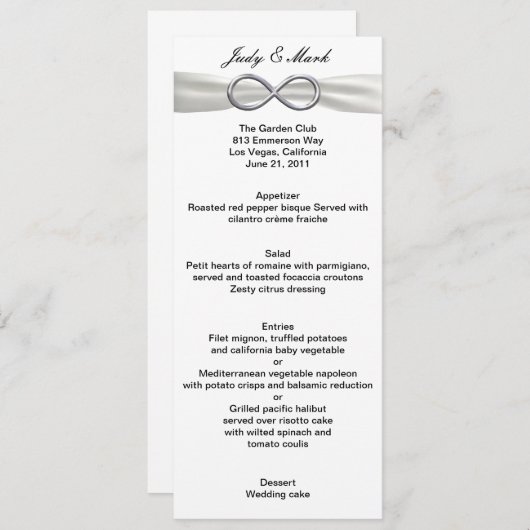 Silver Infinity Wit Bruiloft Menu Kaart (Voorkant / Achterkant)