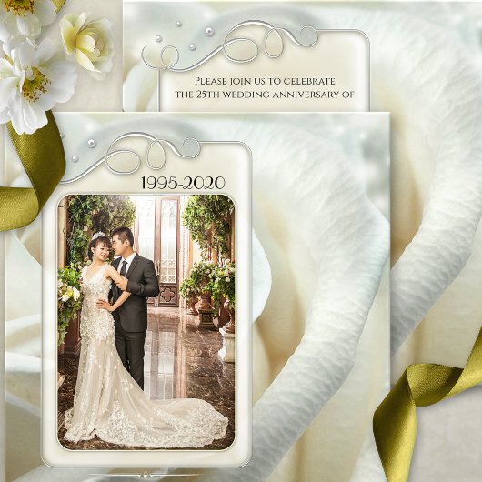 Silver Ivory Roos 25th Wedding Jubileum Foto Kaart
