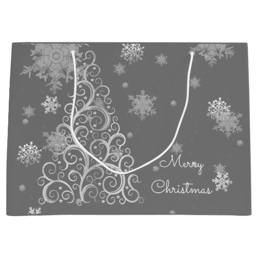 Silver kerstboom en Snowflakes Gift Bag Groot Cadeauzakje (Voorkant)