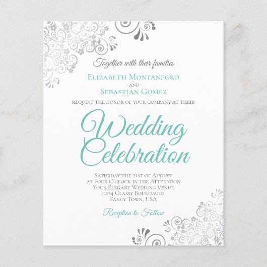 Silver Lace & Aqua BUDGET Uitnodiging tot bruiloft (Voorkant)