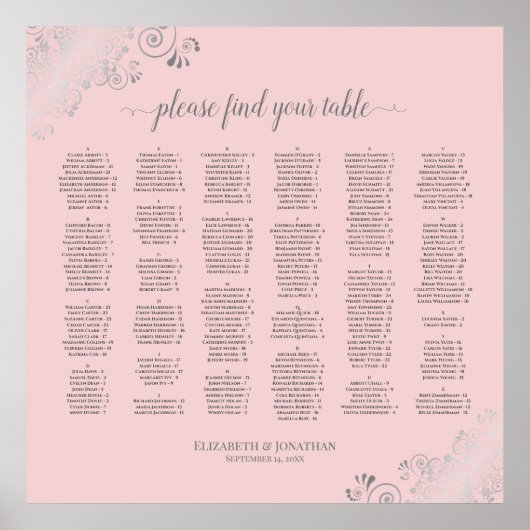 Silver Lace Blush Pink Alfabetical Seating Chart Poster (Voorkant)