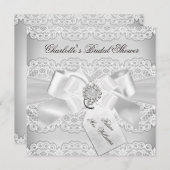  Silver Lace & Bow Bridal Shower-uitnodiging Kaart (Voorkant / Achterkant)