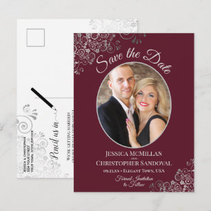 Silver Lace Burgundy Wedding Save the Date Photo Aankondigingskaart