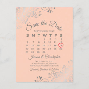 Silver Lace Coral Wedding Save the Date Calendar Aankondigingskaart