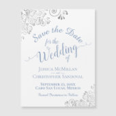 Silver Lace Dusty Blue Save the Date White Magnet (Voorkant)