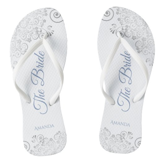 Silver Lace & Dusty Blue Script The Bride Wedding Teenslippers (Voetbed)