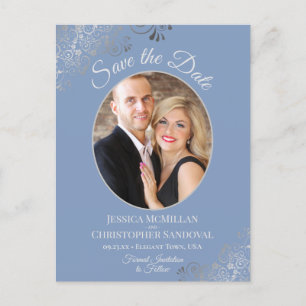 Silver Lace Dusty Blue Wedding Save the Date Photo Aankondigingskaart