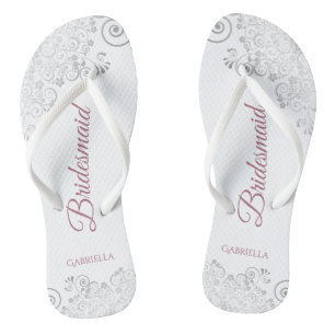 Silver Lace & Dusty Roos Script Bridesmaid Weddens Teenslippers
