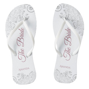 Silver Lace & Dusty Roos Script The Bride Wedding Teenslippers
