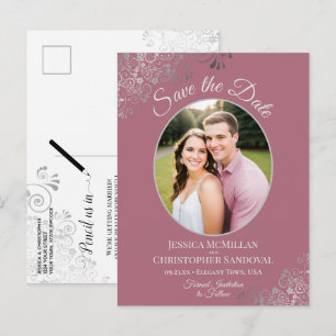Silver Lace Dusty Roos Wedding Save the Date Photo Aankondigingskaart