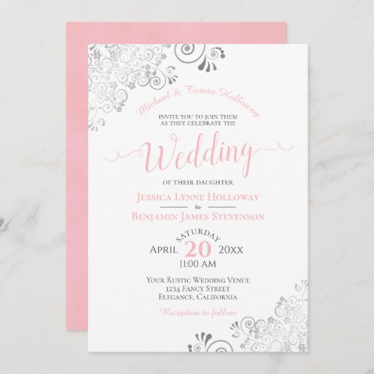 Silver Lace en Blush Pink Formal White Wedding Kaart (Voorkant / Achterkant)