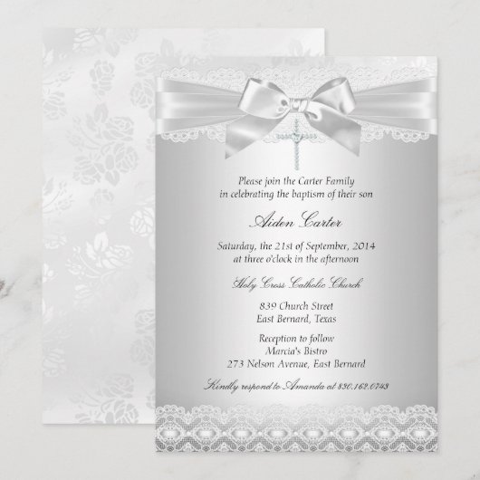 Silver Lace en Cross Baptism Invite Kaart (Voorkant / Achterkant)