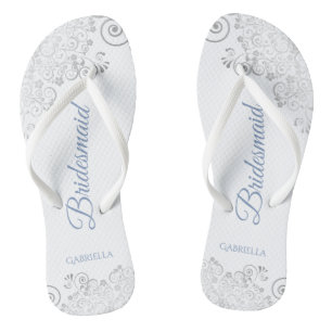 Silver Lace en Dusty Blue Script Bridesmaid Wedden Teenslippers