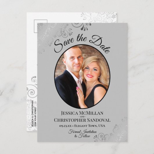 Silver Lace Grey Wedding Save the Date Oval Photo Aankondigingskaart (Voorkant / Achterkant)