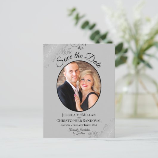 Silver Lace Grey Wedding Save the Date Oval Photo Aankondigingskaart (Staand voorkant)