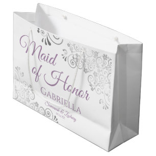 Silver Lace & Lavender Maid of Honor White Wedding Groot Cadeauzakje