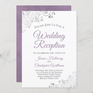 Silver Lace Lavender on White Wedding Reception Kaart