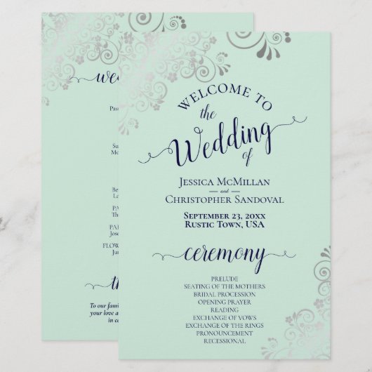 Silver Lace Mint & Navy Budget Wedding Programme (Voorkant / Achterkant)