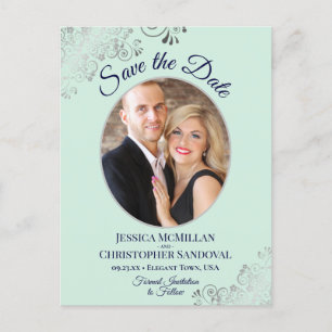 Silver Lace Mint Navy Wedding Save the Date Photo Aankondigingskaart