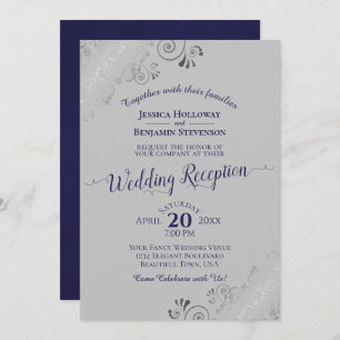 Silver Lace Navy Blue & Gray Wedding Reception Kaart