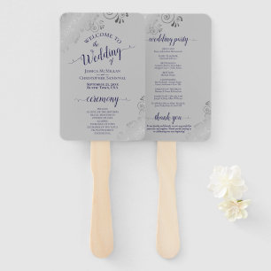 Silver Lace Navy Blue op Gray Chic Wedding Program Handwaaier