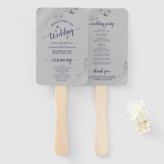 Silver Lace Navy Blue op Gray Chic Wedding Program Handwaaier (Voorkant en achterkant)